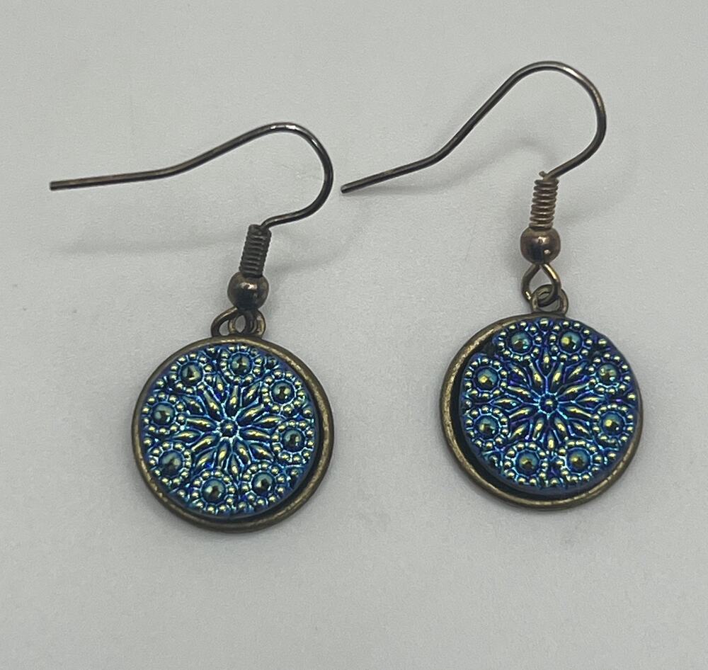 Boho Dichroic Blue Gold Detailed Embossed Flower Medallion Dangle Drop Earrings